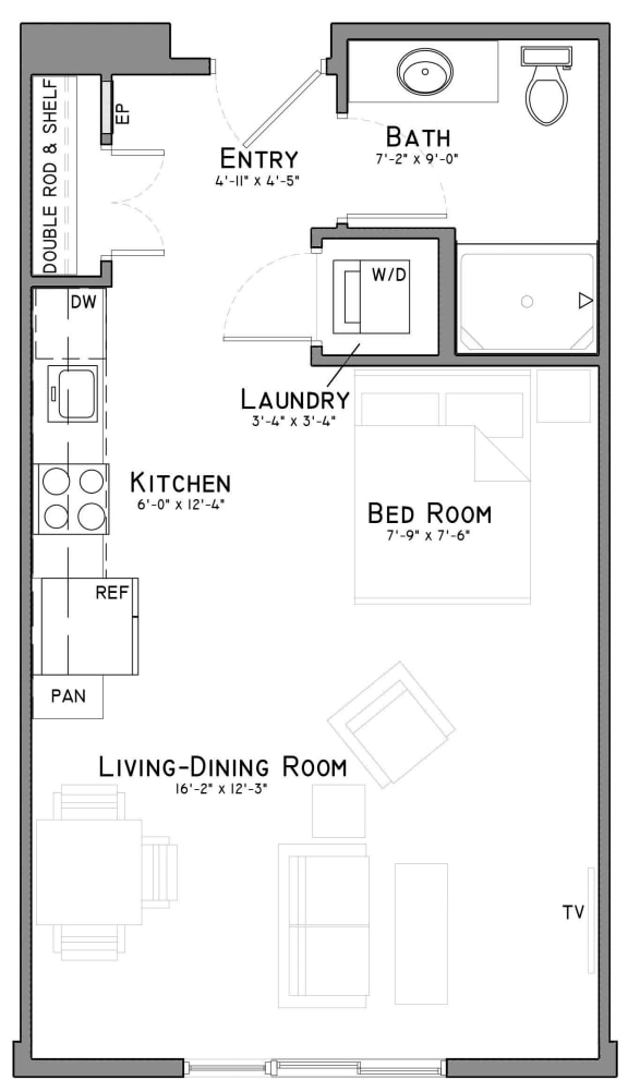 The Flats at Shadow Creek Floorplan - Scout- Studio Scout studio one bathroom floor plan at The Flats at Shadow Creek