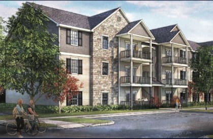 a rendering of an apartment building on the corner of a street