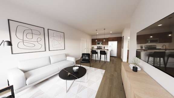 A modern living room with a white sofa and a black coffee table at Solhaven Grand Chute, Wisconsin 54913
