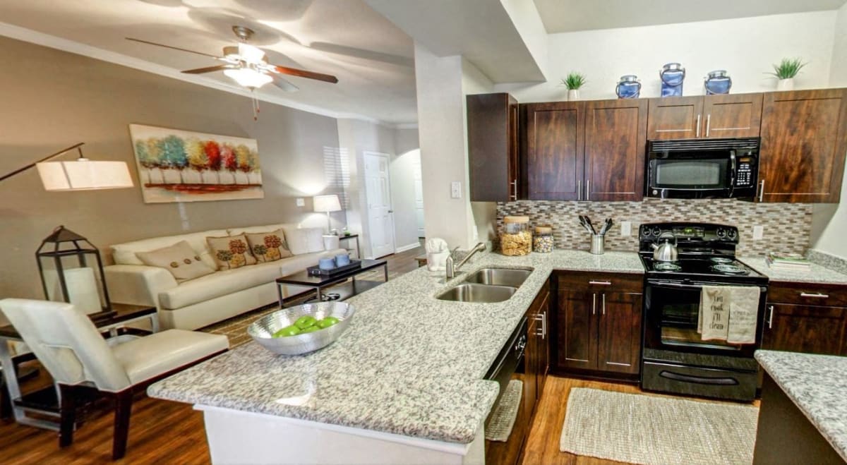 Abelia Flats kitchen with energy-efficient appliances and breakfast bar - Austin, TX