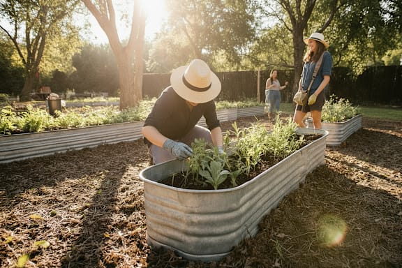 A man in a hat is tending to plants in a garden bed.
