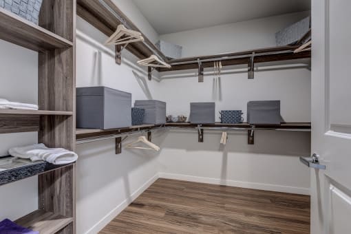 Lux Apartments Bellevue Washington has large walk-in closets in every home, with custom built in shelving