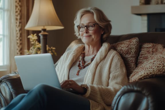 A woman with glasses is using a laptop on a brown leather couch.
