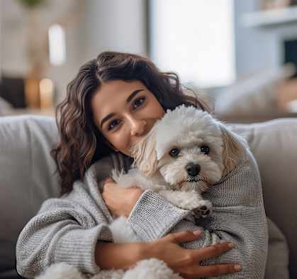 A woman is sitting on a couch holding a small dog.