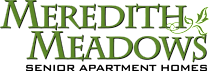 The image displays the words "MEREDITH MEADOWS" in green font with a decorative leaf design.