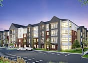 Thumbnail 2 of 4 - A modern apartment building with a parking lot in front.