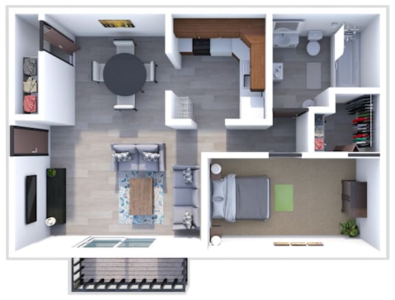 a 3d rendering of a floor plan with a bathroom and a living room