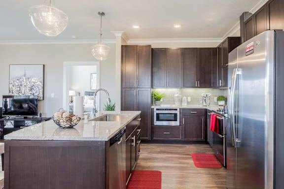 A modern kitchen with dark wood cabinets and a granite countertop.