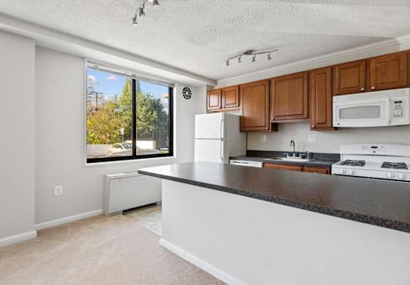 a kitchen with wood cabinets and a large window at The Brittany, Washington, DC