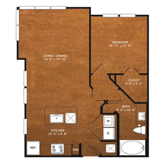 1 bed 1 bath A11 Floor Plan at Aviator West 7th, Fort Worth, TX, 76107