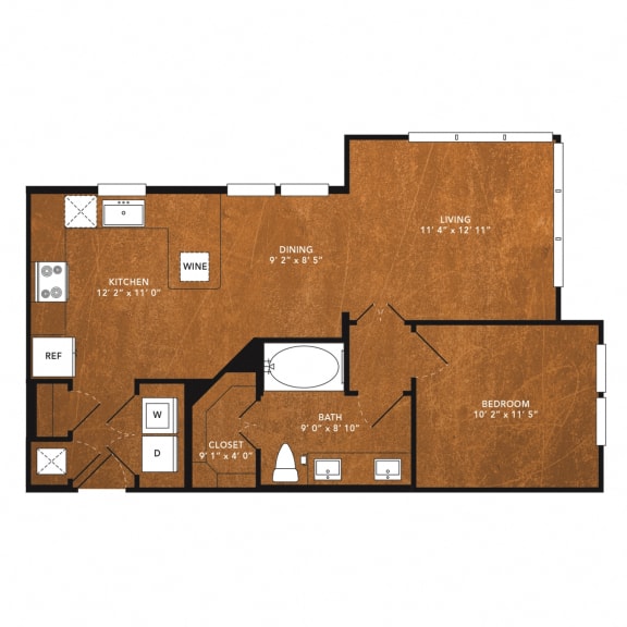 1 bed 1 bath A14 Floor Plan at Aviator West 7th, Fort Worth, Texas