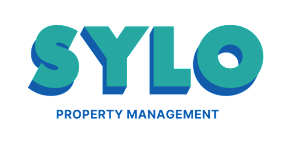 The image shows the text "SYLO PROPERTY MANAGEMENT" in large blue letters on a black background.
