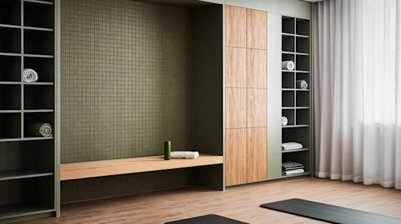 A bathroom with a wooden bench and a shower area.