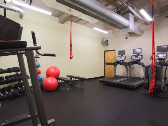 a workout room with weights and cardio equipment in a gym