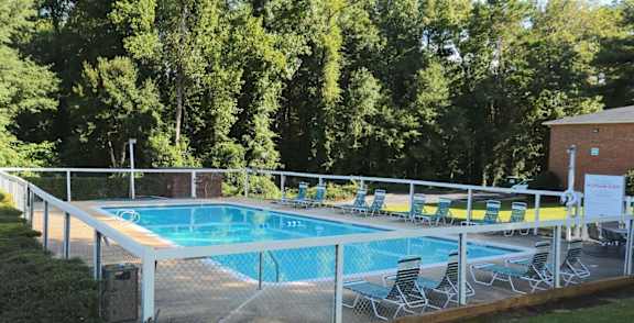 A pool surrounded by trees and chairs.