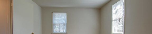 Large bedroom with high ceilings and two large windows