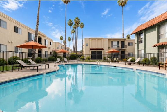 A swimming pool surrounded by palm trees and apartment buildings.