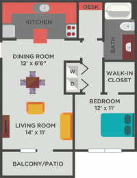 The Amberley A1 Floorplan 1 Bedroom 1 Bath 797 Total Sq Ft  at The Shallowford, Chattanooga, TN, 37421