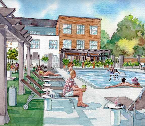 a watercolor rendering of people sitting around a swimming pool at a hotel