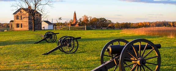 Two cannons are on display in a field.