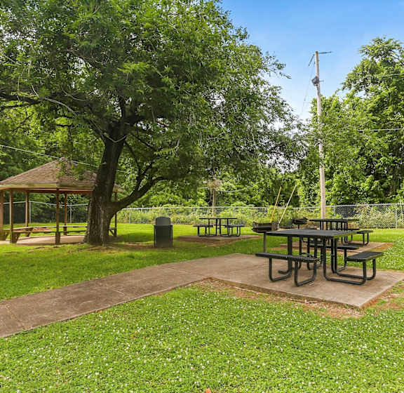 A picnic table surrounded by benches in a park.