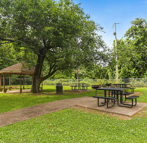 A picnic area with tables and benches is surrounded by trees.