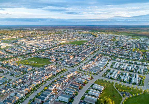 an aerial view of a suburb of a city