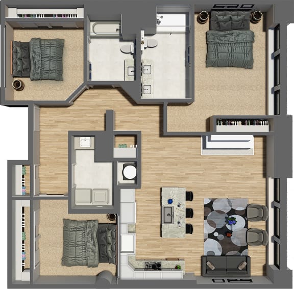 Floor Plan  Suite Style 05 - 3 Bedrooms 2 Baths at Residences at Halle, Cleveland, 44113