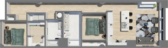 Floor Plan  3D floor plan with dual bedrooms and dining room at Residences at Halle Apartments, Cleveland, OH 44115