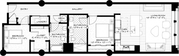 Two bedroom floor plan with dual baths and mechanical room at Residences at Halle Apartments, Cleveland, OH