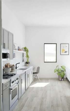 A modern kitchen with a wooden floor and grey cabinets.