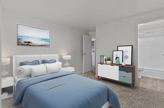 A bedroom with a large bed and a painting on the wall  at Brackett Apartments, Edmonds, WA
