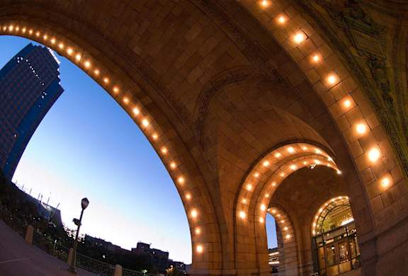 A long, arched passageway with lights on the inside. at The Pennsylvanian Apartments, Pittsburgh, Pennsylvania