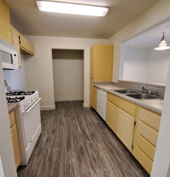 Image of sink, faucet, dishwasher, stove, microwave, cabinets and counter space