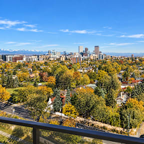 A cityscape with a mix of residential and commercial buildings, surrounded by trees with autumn foliage.