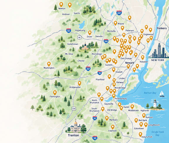 A map of New York with orange markers indicating specific locations.