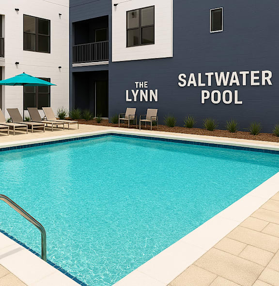 A pool with the words Saltwater pool on the wall.