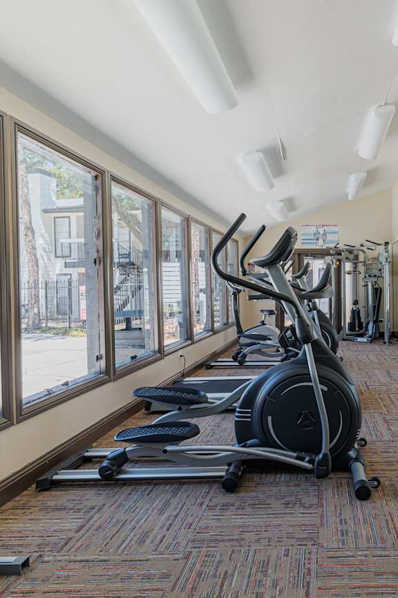 a gym with weights and cardio machines in it