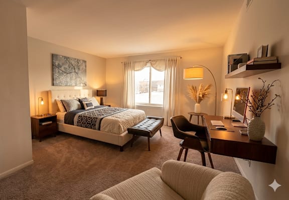 A bedroom with a large bed, a chair, and a painting on the wall.