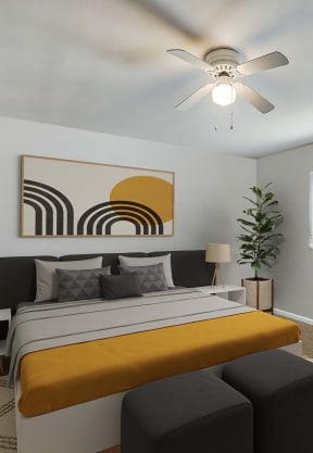 the master bedroom has a large bed and a ceiling fan at Randolph Park, Charlotte, NC 28211