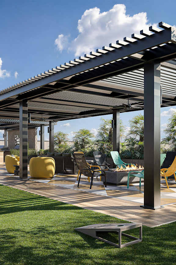 A modern dining area with a mix of wooden and metal chairs