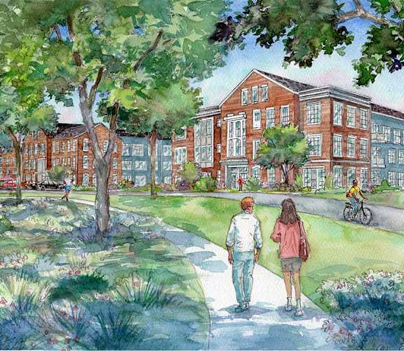 a watercolor painting of a man and woman walking down a sidewalk