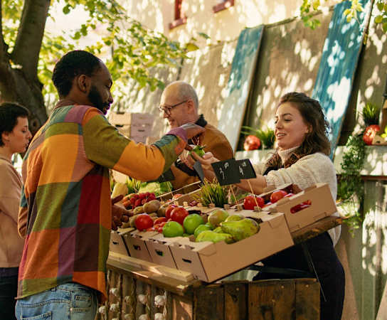 a group of people buying fruit at an outdoor market at Candlewood, Texas, 78412