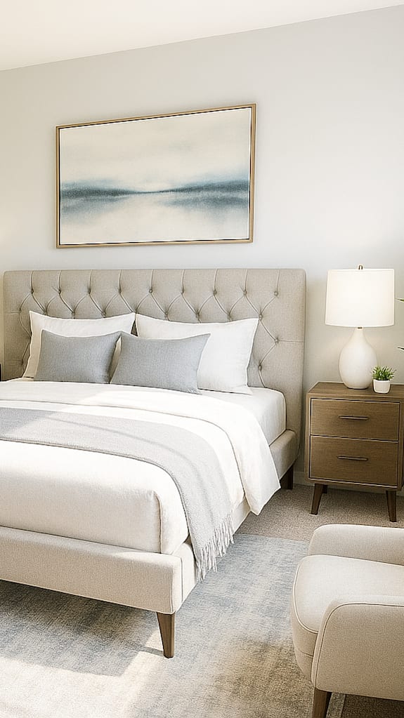 A bedroom with a large bed, a chair, and a painting on the wall.