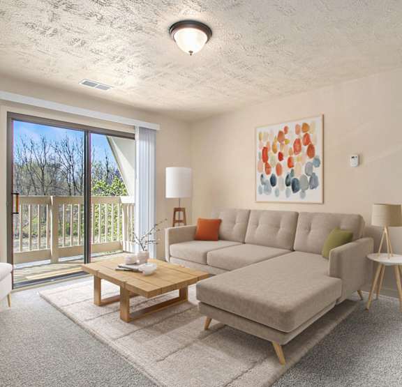 living room with a slider to a balcony at Hickory Village Apartments, Mishawaka, Indiana, 46545