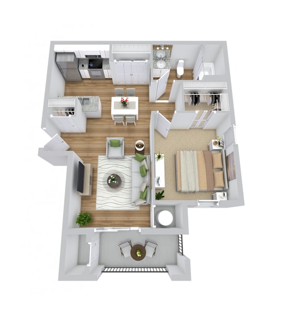 A top-down view of a modern, minimalist apartment with a central living area, kitchen, and bedroom.