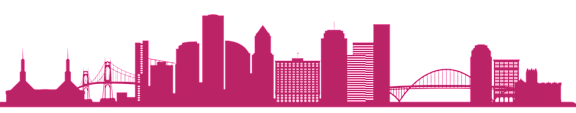 A pink silhouette of a city skyline with various buildings and a bridge.
