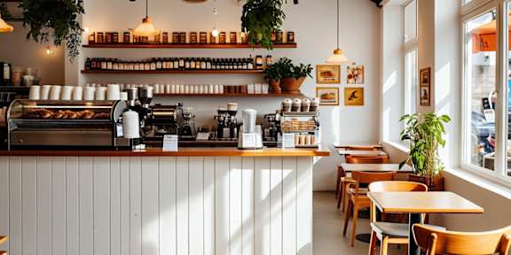 A coffee shop with a white counter and wooden chairs.