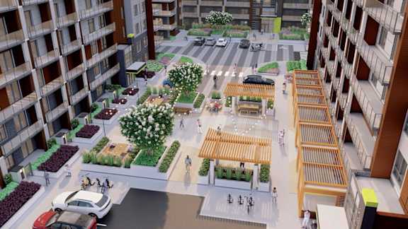 A 3D rendered image of a city street with cars, pedestrians, and buildings.