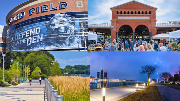 Ford Field with a large mural on the side of the building at Lafayette West Apartments, Detroit, MI, 48207